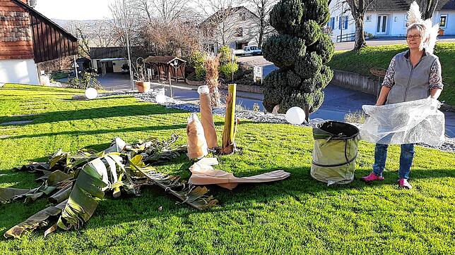 Corina Bluhm macht die Staude winterfest, damit sie vor Frost geschützt ist. Zuerst wird die Pflanze gestutzt . . .