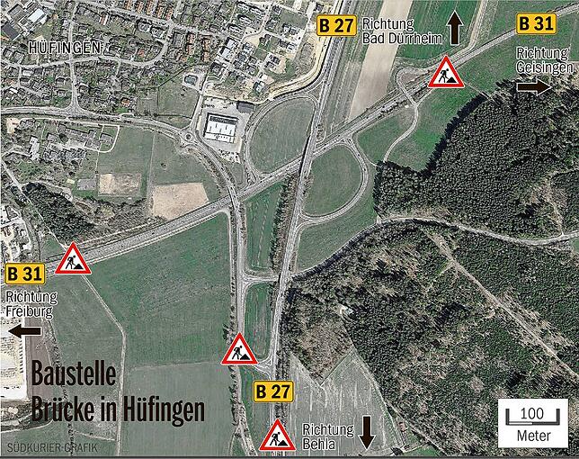 Die Brücke aus der Luft: Richtung Behla können Autofahrer über die Brücke fahren, Richtung Bad Dürrheim ist eine Umleitung eingerichtet.