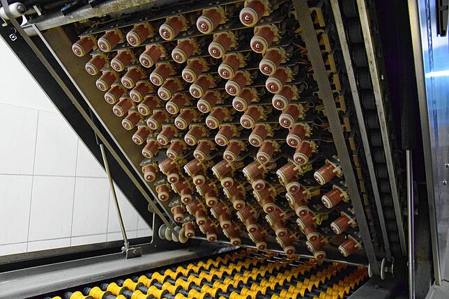 Diese Maschine testet mit den Sensoren, ob ein Ei Schäden aufweist und deshalb aussortiert werden muss.