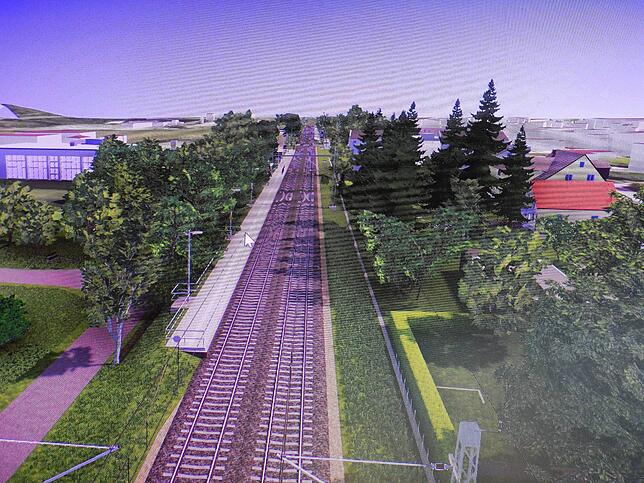 Die visualisierte neue Station Wallbach von Westen her gesehen. Links die Flößerhalle mit Bahnsteig Richtung Basel. Der Bahnsteig ...