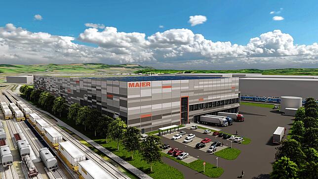 So soll das Logistikzentrum der Spedition Maier beim Singener Güterbahnhof aussehen, wenn es fertig ist. Vorne links sind die Gleise des ...