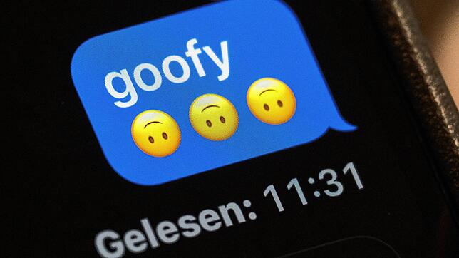 Im Display eines Smartphones ist in einem Chat-Verlauf das Wort &ldquo;goofy&bdquo; (komisch, tollpatschig) zu lesen. ...