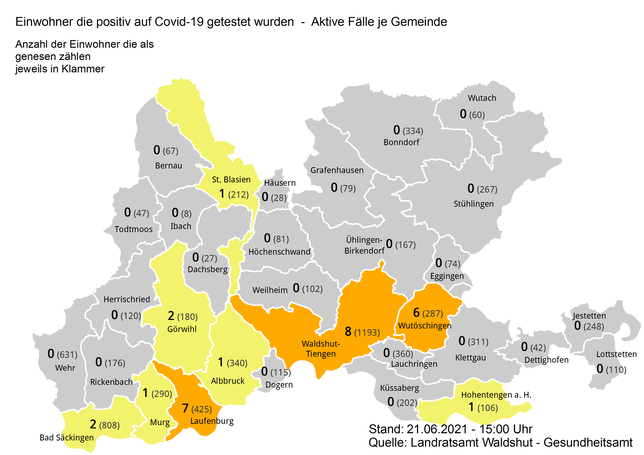 Am Montag, 21. Juni, gibt es in neun Kommunen aktive Corona-Fälle. 23 Kommunen gelten aktuell als coronafrei.