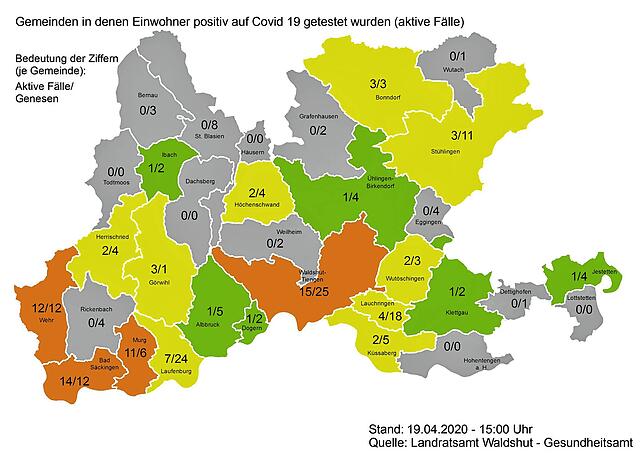 Personen mit Covid-19-Infektion und davon Genesene in den Städten und Gemeinden im Landkreis Waldshut am 19. April 2020.