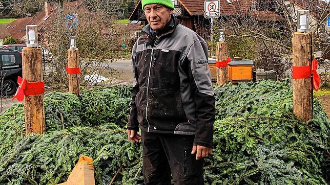 Wilhelm Schwarz hat viel Arbeit in den riesengroßen Adventskranz gesteckt, den er vor seinem Haus aufgebaut hat.