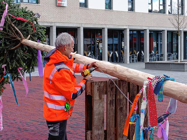Bild 5: Auch ohne Rathaus-Sturm: Bauhof stellt ersten Narrenbaum in der neuen Neuen Mitte auf
