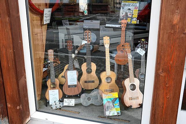 Ein ganzes Schaufenster widmet das Musikhaus Kanitz an der Max-Egon-Straße der Ukulele.