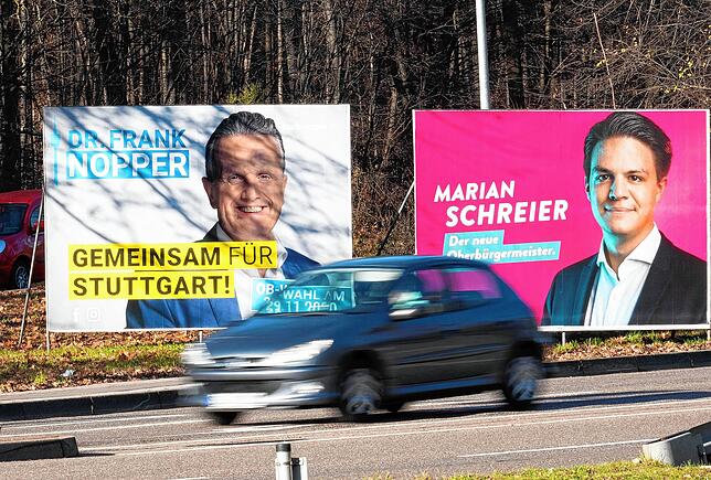 Großplakate in Stuttgart am Wahlwochenende: Am Ende siegte Frank Nopper (CDU) vor Marian Schreier.