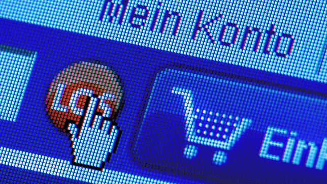 Auf der Webseite eines Online-Shops sind Symbole und die Worte &bdquo;Mein Konto&ldquo; und &bdquo;Los&ldquo; abgebildet. Betrügerische ...
