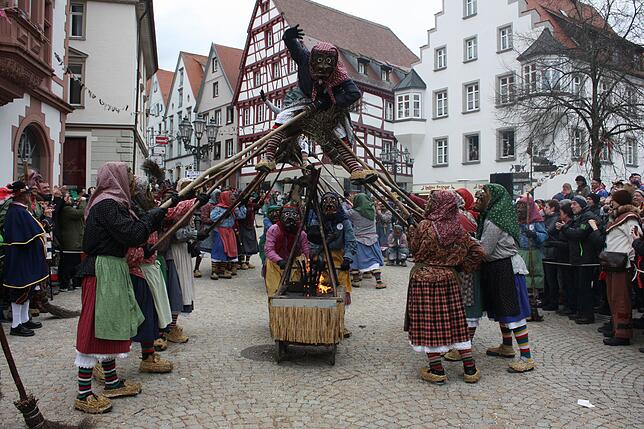 Die Pfullendorfer Hexen mit ihrer imponierenden Pyramide begeisterten beim gestrigen Rosenmäntig-Umzug durch die Innenstadt.