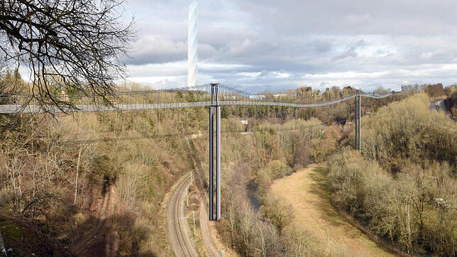 Diese Computergrafik zeigt die Pläne einer der weltweit längsten Fußgänger-Hängebrücken. Das Bauwerk soll den neuen Testturm für ...