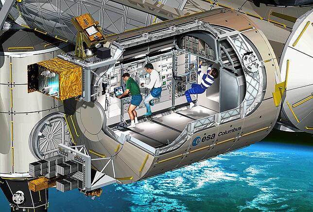 Die Darstellung zeigt im Aufschnitt, wie Forscher-Astronauten im Labor-Modul &bdquo;Columbus&ldquo; arbeiten.