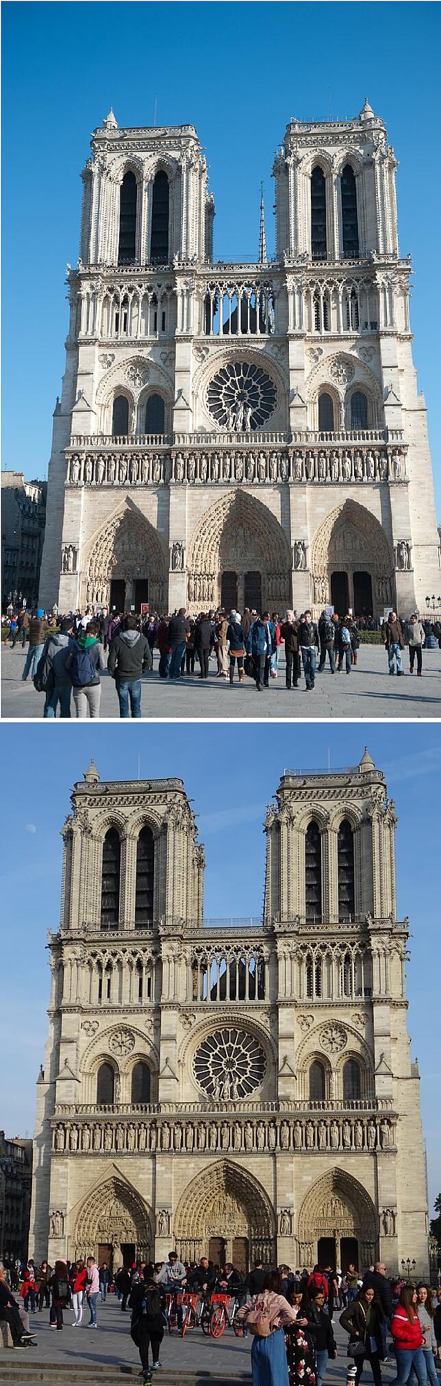 Oben: Die weltberühmte Vorderansicht von Notre-Dame. Unten: Nach dem Brand ist von vorne kaum etwas zu sehen, nur die fehlende ...
