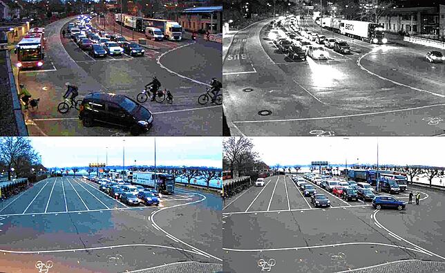 Warteschlangen zu den Stoßzeiten in dieser Woche an den Fähreanlegern in Staad (oben) und Meersburg (unten). Beim Blick auf die Webcam ...