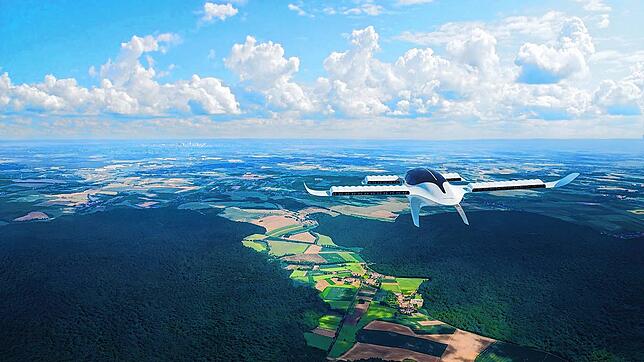 Noch eine Zukunftsvision: Darstellung des Lilium-Flugtaxis auf Kurzstreckenreise.