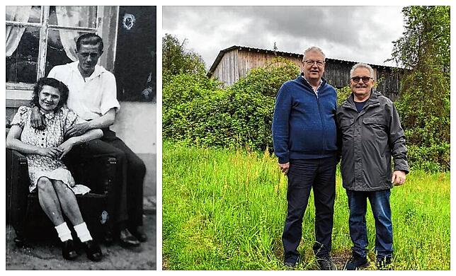 Alex Janssen und Manfred Turbeis etwa an jener Stelle in Brennet, wo das Barackenlager der Firma Hermes stand.