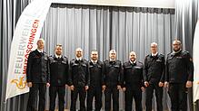 Der Feuerwehrausschuss (von links): Gesamtwehrkommandant Andreas Denoke (seit 2013), Lucas Maier (Abteilung Horheim), Michael Hanninger ...
