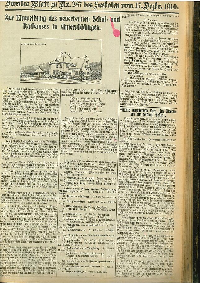 Der Seebote berichtete 1910 über die Einweihung des Schul- und Rathauses Uhldingen.