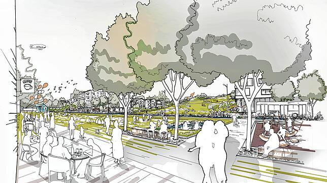 Kleine Quartiersplätze mit Cafés und Freiraum sollen den neuen Stadtteil Hafner auflockern.