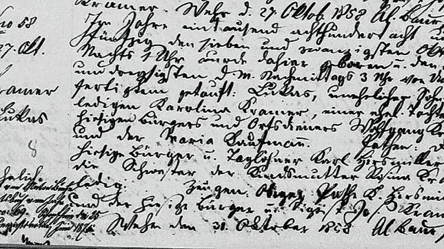 Der Kirchenbucheintrag der Geburt von Lukas Büche, damals noch Lukas Kramer genannt, von 1858. Manche Pfarrer gaben sich nicht gerade ...