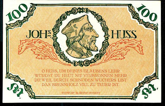 Hus-Banknote mit bissigem Spruch.