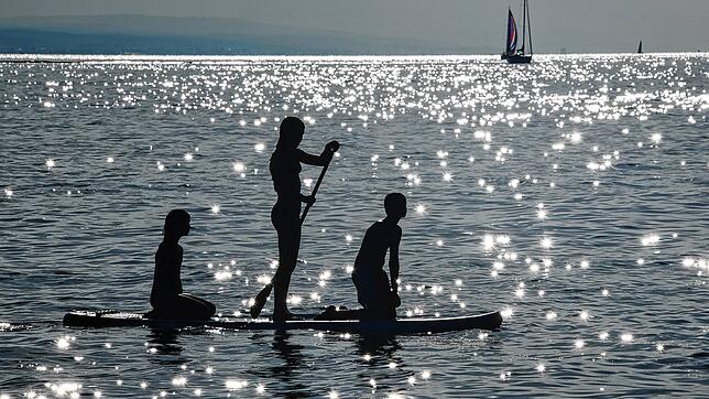 Drei Kinder sind im Bodensee auf einem SUP unterwegs.