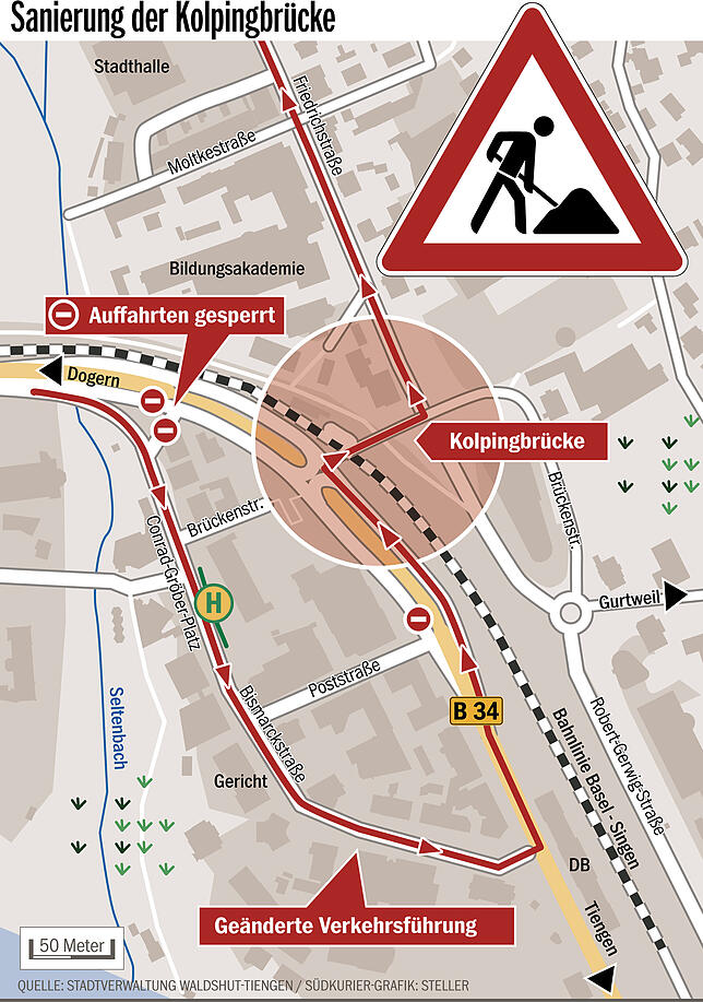 Bild 1: Die Verkehrsführung rund um die Kolpingbrücke ändert sich am 12. August erneut