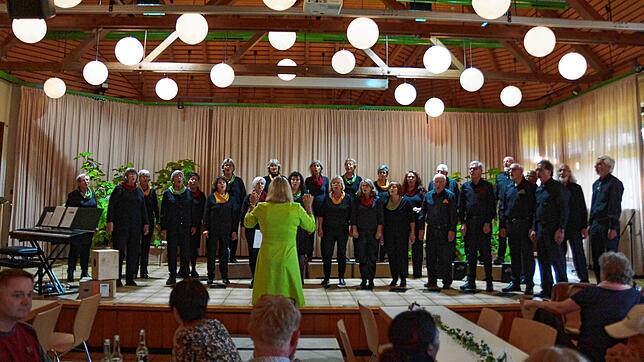 Sänger des Brücken-Chors Küssaberg reißen das Publikum beim Herbstkonzert im Inselpavillon mit. Bild: Miriam Stoll
