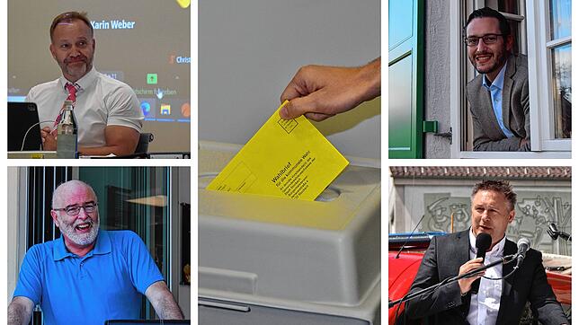 In ihren Gemeinden wird dieses Jahr gewählt: Oben links Matthias Weckbach, unten links Rainer Stolz, oben rechts Florian Zindeler und ...