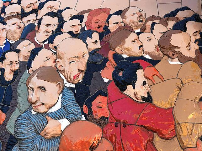 &bdquo;Morgen brechen wir auf&ldquo;, heißt das Wandbild von Johannes Grützke.