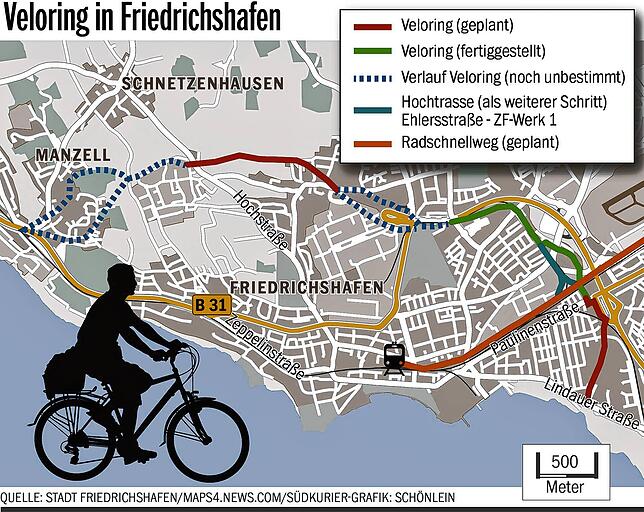 Bild 1: Die Hochtrasse am Colsmanknoten bleibt wohl nur auf dem Papier: So steht es um den Veloring für Radfahrer in Friedrichshafen