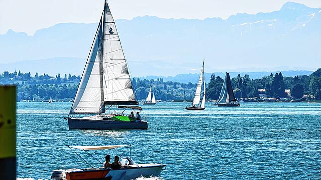 Mehrere Boote segeln im Juni 2022 vor Überlingen auf dem Bodensee, während im Hintergrund Konstanz und die Alpen zu sehen sind. Die ...