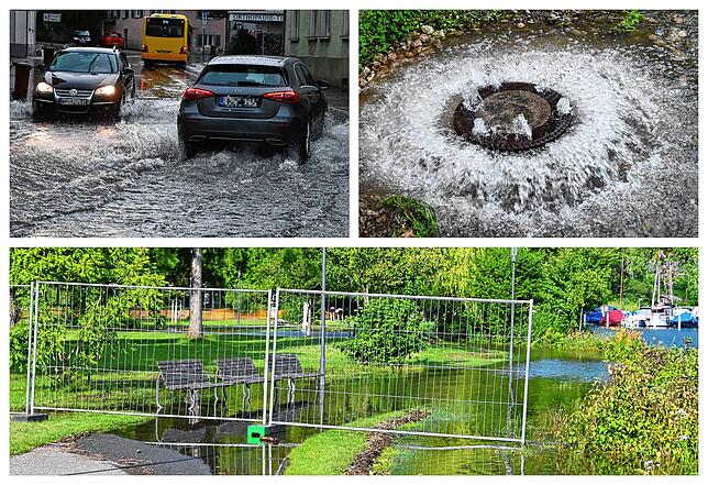 Die Aachenstraße in Stockach war am Mittwochmorgen teilweise überflutet und in Ludwigshafen ist der Schlösslepark schon länger wegen ...