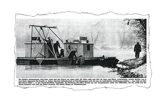 Von diesem Ponton aus stiegen die Taucher im Januar 1960 in den eiskalten Rhein um Bomben zu suchen. Der Bildbericht des Schweizer ...