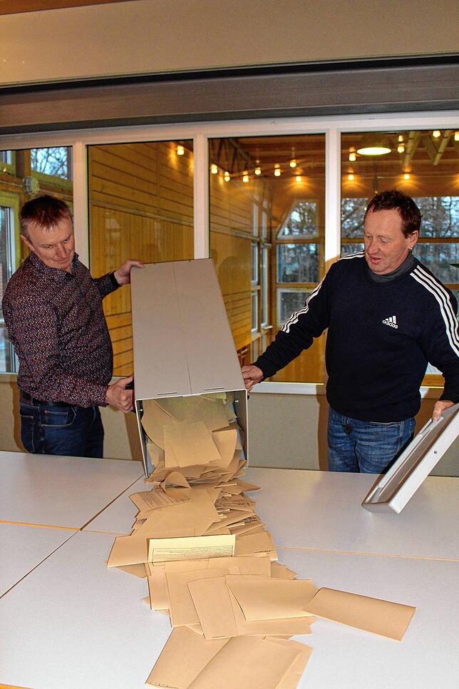 Nach dem Leeren der Wahlurne, wie hier von Edwin Bezikofer und Reiner Schmid in Herdwangen, werden die Stimmen gezählt.