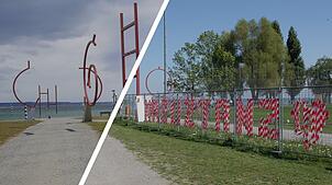 (Archivfotos) Im Jahr 2021 (links im Bild) erinnerte nichts mehr auf dem Areal Klein Venedig an die Grenzschließung von März 2020 ...