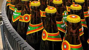 Hier werden sonst Bierflaschen transportiert: Ein Bild aus der Waldhaus-Brauerei – in den Flaschen ist der neue Cola-Mix.