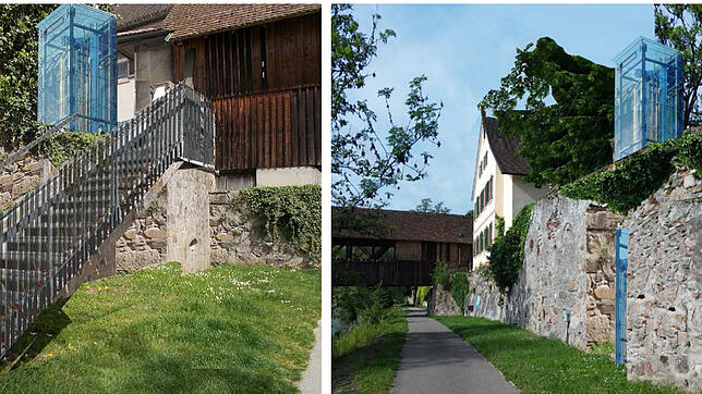 Die beiden Standorte für den geplanten Aufzug, der den Rheinuferweg mit der Altstadt verbinden soll. Favorisiert wird derzeit die Lösung ...
