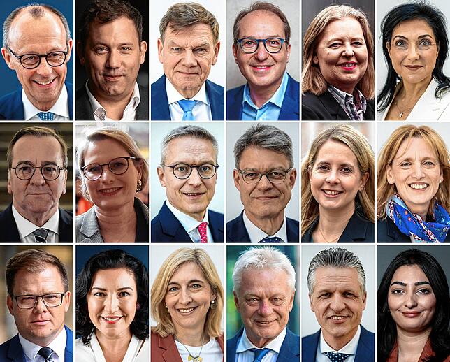 Das geplante Minister-Tableau des neuen Kabinetts: Friedrich Merz (oben, l-r, alles Archivfotos), Lars Klingbeil, Johann Wadephul, ...