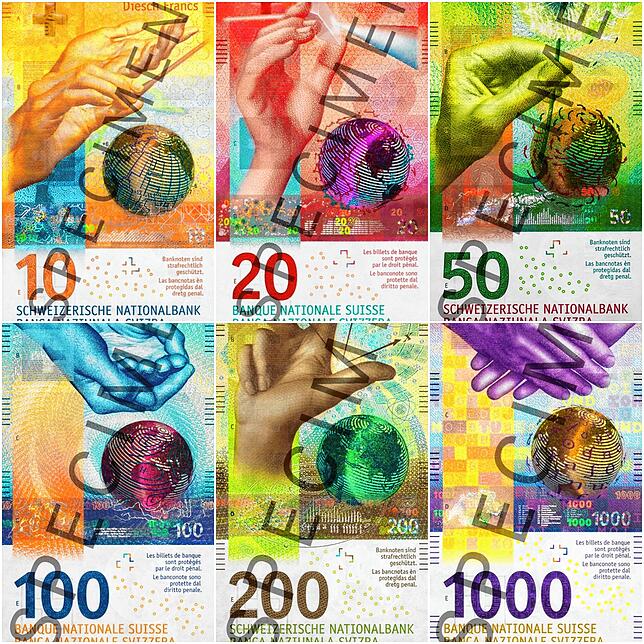Die Scheine der aktuellen, neunten Banknotenserie der Schweizerischen Nationalbank mit ihren verschiedenen Gestaltungsmerkmalen (von ...