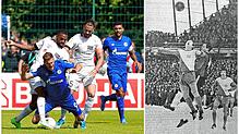 Links: Villingens Anthony Mbem-Som Nyamsi (von links), Schalkes Simon Terodde und Villingens Dragan Ovuka in Aktion im Jahr 2021. ...