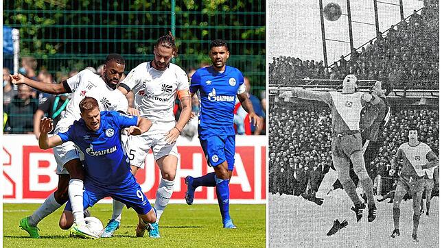 Links: Villingens Anthony Mbem-Som Nyamsi (von links), Schalkes Simon Terodde und Villingens Dragan Ovuka in Aktion im Jahr 2021. ...