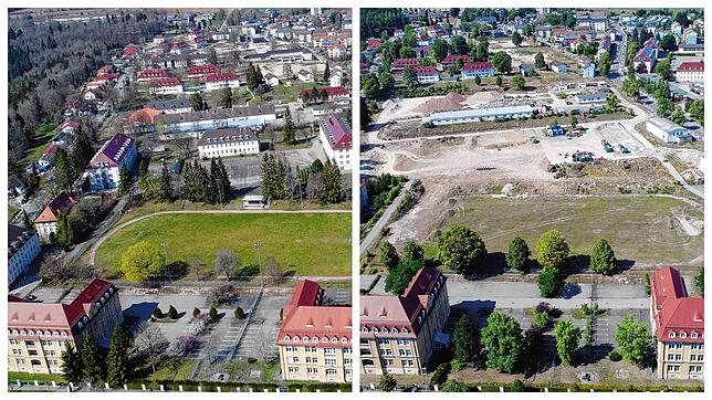 Das Konversiongelände von oben. So schnell verändert sich das Gebiet: Links eine Aufnahme vom 7. April 2020 und rechts eine Aufnahme vom ...