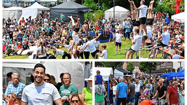 Oben: Vorführung der Blues Brothers beim Hafenfest. Unten links: Der neue Bürgermeister Christoph Stolz. Unten rechts: Besucher in der ...