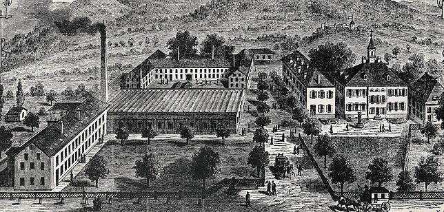 Stich von Otto Spamer nach Errichtung des Schornsteins 1868/69. Das Gebäudeensemble ist sehr realistisch. Das lange Gebäude links ist ...
