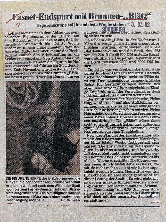 So hat der SÜDKURIER am 3. Februar 1983 erneut über den Blätzlebrunnen berichtet.