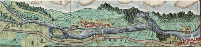 Diese malerische Abbildung von Waldshut entstand 1752 anlässlich der Regelung eines Mühlenstreits.
