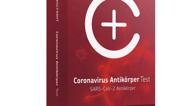 Eine kleine rote Packung: So sieht der Corona-Antikörpertest aus, den wir ausprobiert haben.