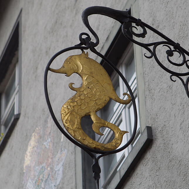 Hussenstraße 14, Haus Delphin. Niemand weiß so genau, warum das Haus so heißt. Hier trifft sich der Delphin-Kreis einmal pro Monat.