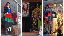 Die ersten Schaufenster sind schon mit Puppen, die Häser der Narrengliederungen tragen, geschmückt.